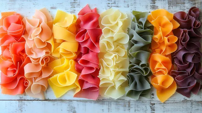 Bunte Farben der italienischen Pasta auf Holztisch