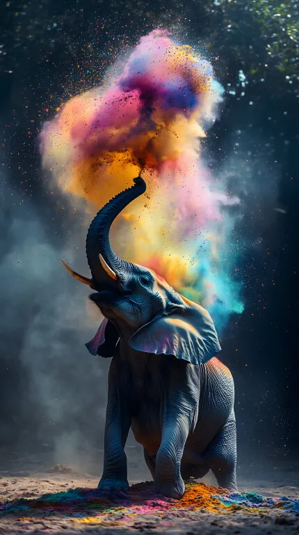 Bunte Farbenexplosion mit Elefant in der Wildnis