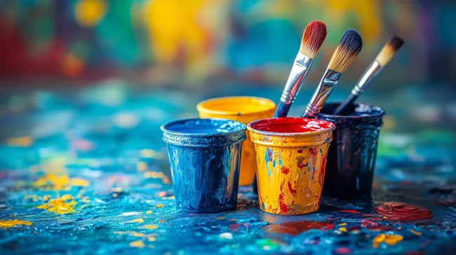 Bunte Farbpalette mit Pinseln auf Künstleruntergrund