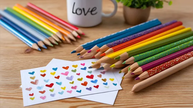Bunte Farbstifte und gemalte Herzen auf Holztisch