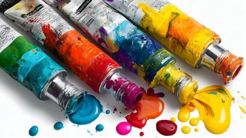 Bunte Farbtuben mit ausgelaufener Acrylfarbe auf Weiß