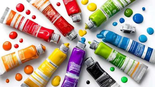 Bunte Farbtuben und Farbklekse auf weißem Hintergrund