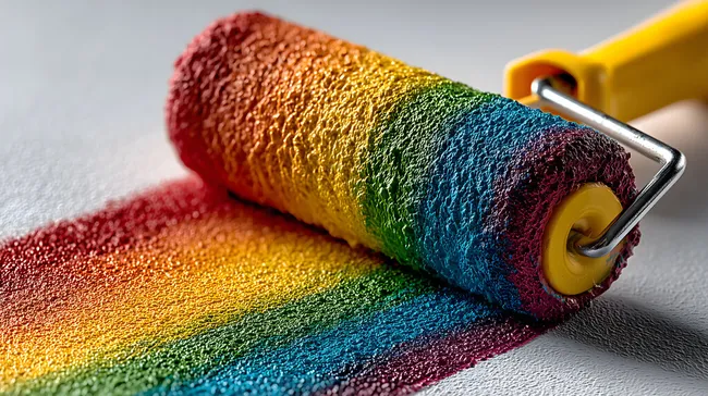 Bunte Farbwalze auf grauer Oberfläche