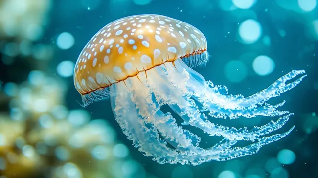 Bunte Feuerqualle schwebt im türkisblauen Ozean