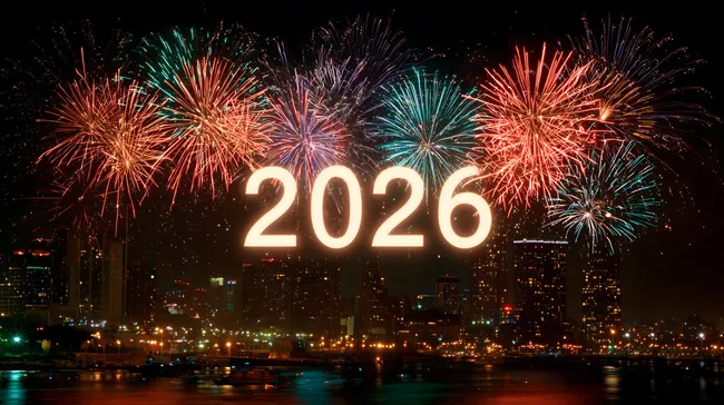 Bunte Feuerwerksexplosionen über nächtlicher Stadtsilhouette