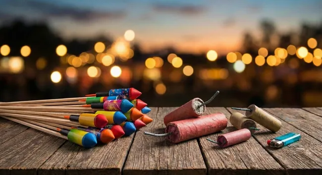 Bunte Feuerwerkskörper auf rustikalem Holztisch