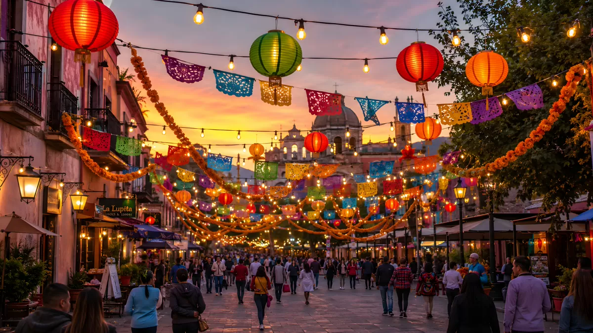 Bunte Fiesta-Straße mit Lampions beim Sonnenuntergang