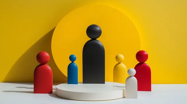 Bunte Figurengruppe vor gelbem Hintergrund