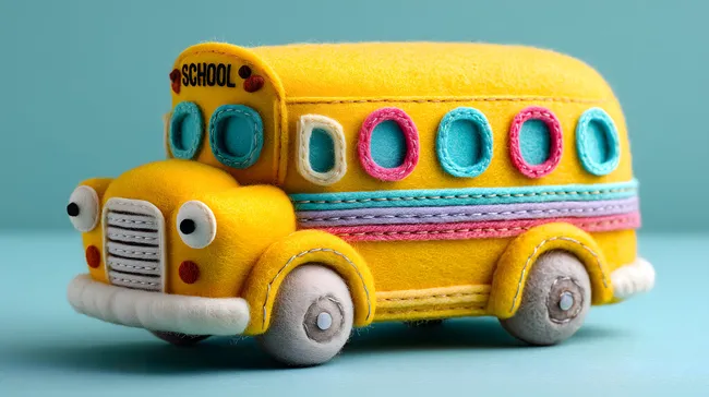 Bunte Filzschulbus-Spielzeugfigur mit fröhlichen Farben