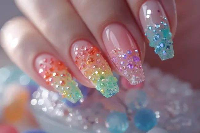 Bunte Fingernägel mit funkelnden Verzierungen