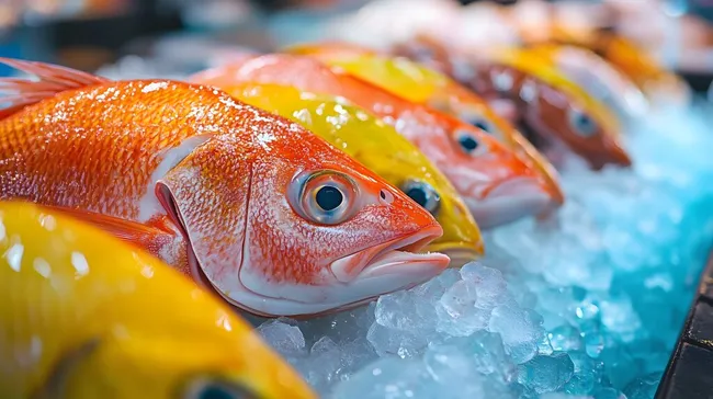 Bunte Fischauslage auf Eis in Fischhalle