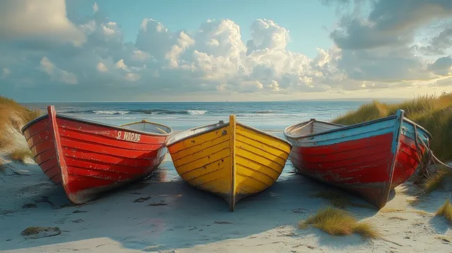 Bunte Fischerboote an einsamer Meeresküste