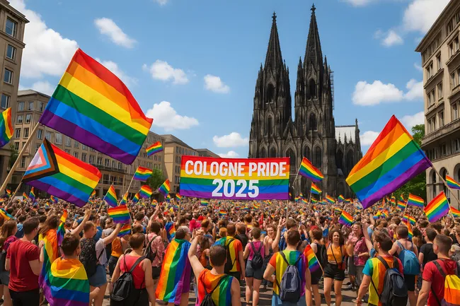 Bunte Flaggenparade bei Kölner LGBTQ+-Feierlichkeiten