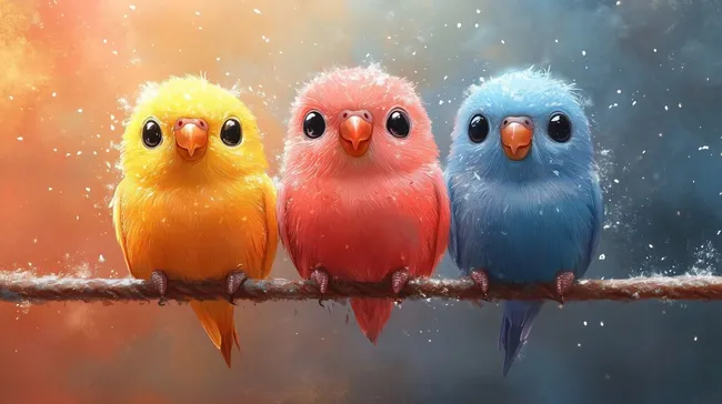 Bunte, flauschige Vögel auf Ast in winterlicher Szene