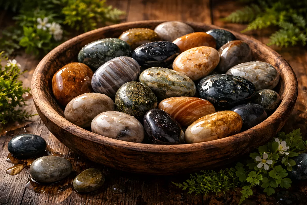 Bunte Fluss-Kieselsteine in einer Holzschale