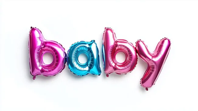 Bunte Folienballons formen das Wort 'Baby'