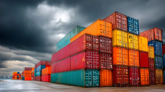 Bunte Frachtcontainer in stürmischer Hafenszene