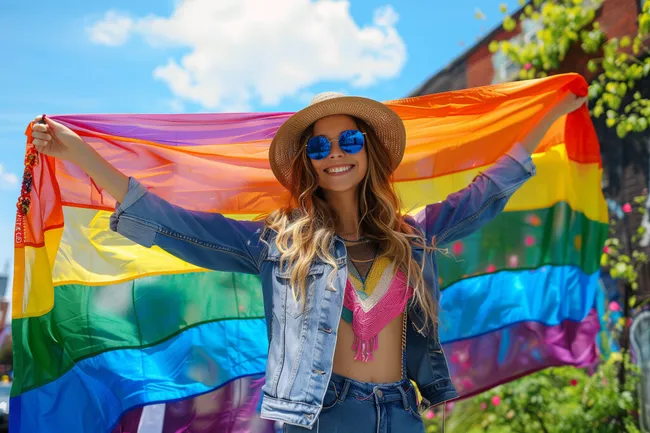 Bunte Frau mit Regenbogen-Schal auf