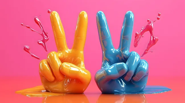 Bunte Friedensgesten vor pinkem Hintergrund