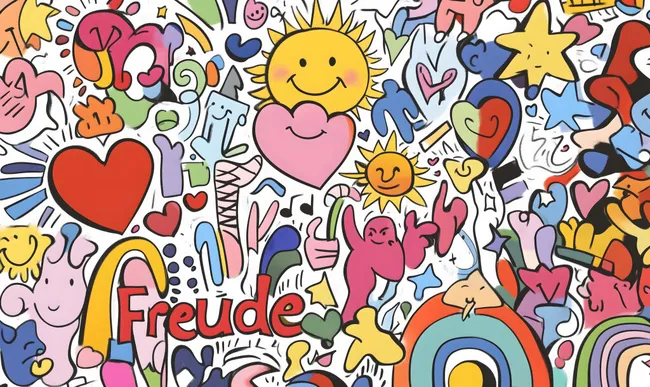 Bunte, fröhliche Kritzlzeichnungen mit Herzen und Sonne