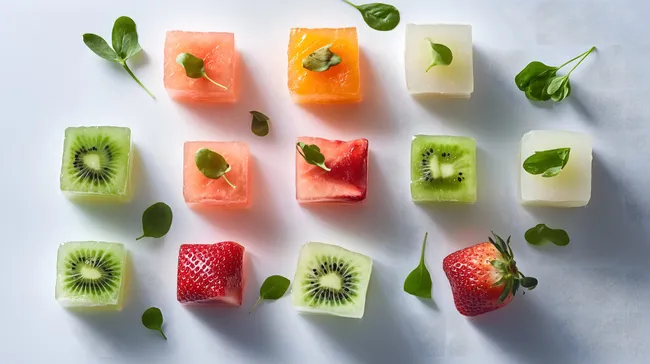 Bunte Frucht-Würfel mit Kiwi, Erdbeere und Minze
