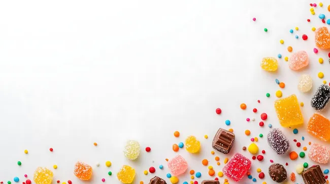 Bunte Fruchtgummis und Schokolade auf weißem Hintergrund