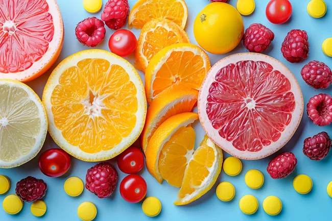 Bunte Früchte auf blauem Hintergrund