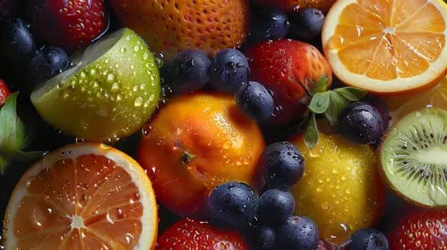 Bunte Früchte-Collage mit Wassertropfen