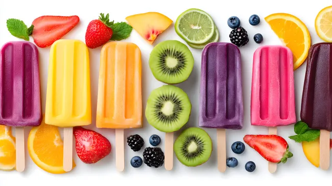Bunte Früchte-Eis-Popsicles auf hellem Hintergrund