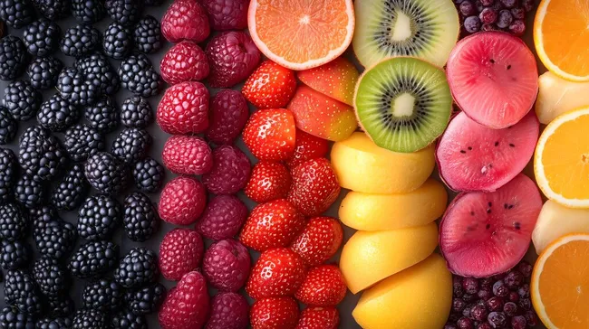 Bunte Früchte in Regenbogenfarben - frisches Obststilleben