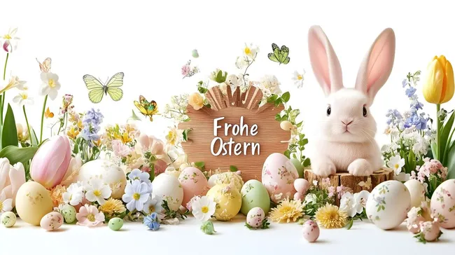 Bunte Frühlings-Osterdekoration mit Blumen und Hasen