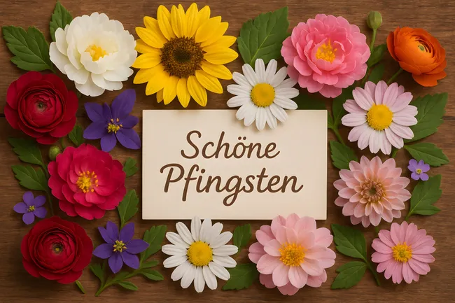 Bunte Frühlingsblumen auf Holz mit Text 'Schöne Pfingsten'