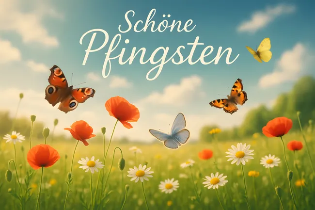 Bunte Frühlingswiese mit Schmetterlingen und Blumen