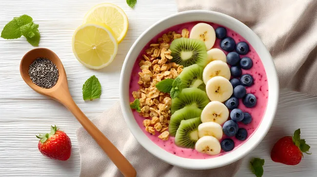 Bunte Frühstücks-Smoothie-Schale mit Obst und Müsli