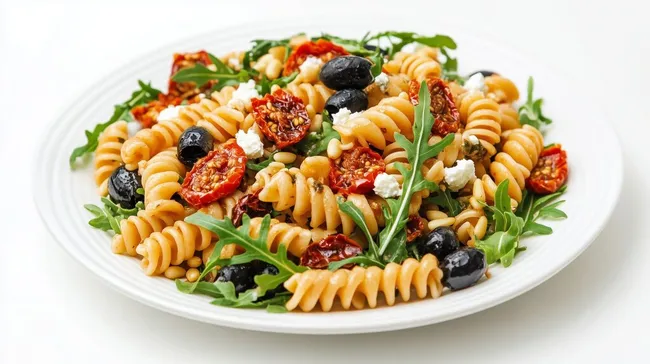 Bunte Fusilli-Nudeln mit Rucola und getrockneten Tomaten