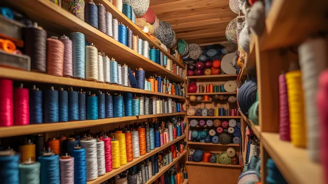 Bunte Garnspulen auf Holzregal in Nähwerkstatt