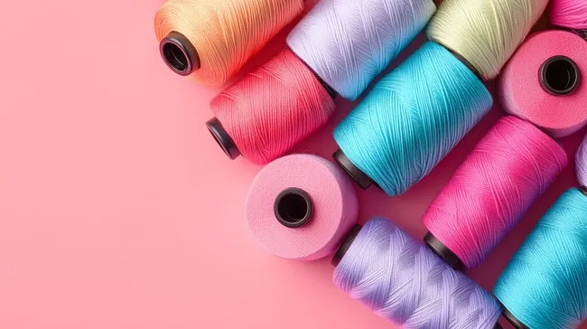 Bunte Garnspulen in Pastelltönen auf rosa Hintergrund