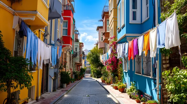 Bunte Gasse mit Wäscheleinen in Istanbul