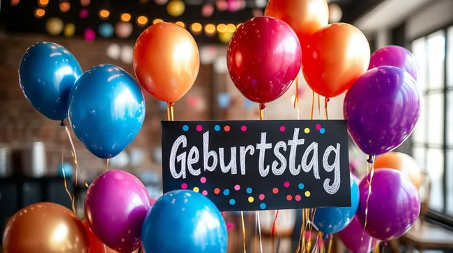 Bunte Geburtstagsballons mit Konfetti in fröhlicher Atmosphäre