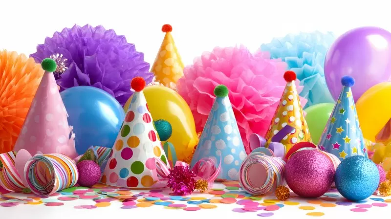 Bunte Geburtstagsdekoration mit Hüten und Luftballons