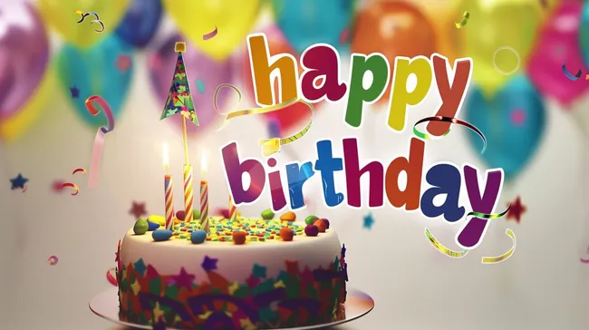 Bunte Geburtstagsfeier-Komposition mit Torte und Dekorationen