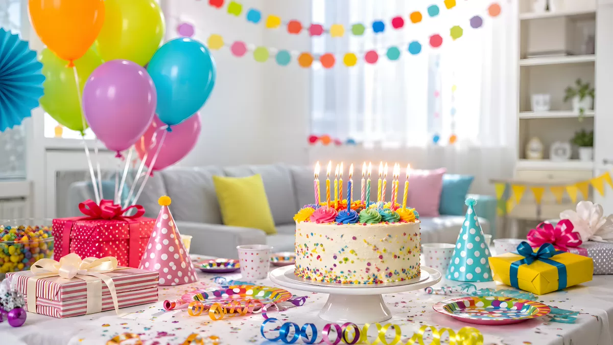 Bunte Geburtstagsfeier mit Torte und Luftballons