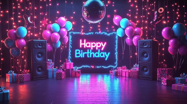 Bunte Geburtstagsparty mit Discokugel und Neonschriftzug