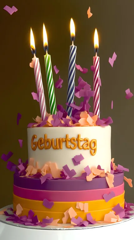 Bunte Geburtstagstorte mit Kerzen und Konfetti