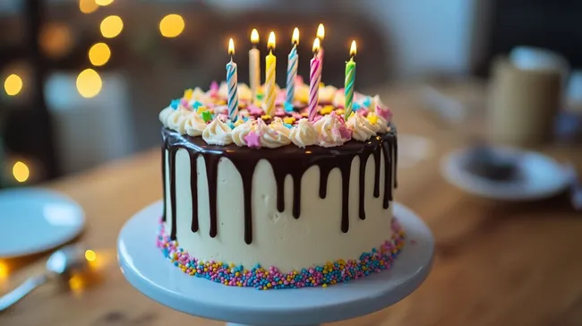 Bunte Geburtstagstorte mit Kerzen und Streuseln