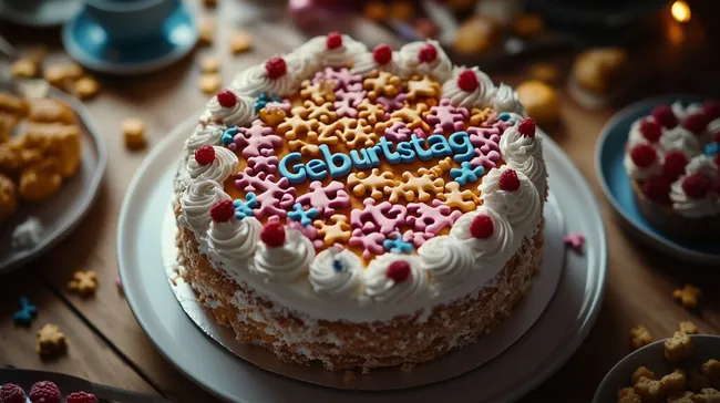 Bunte Geburtstagstorte mit Zuckerstreuseln und Sahnedekor