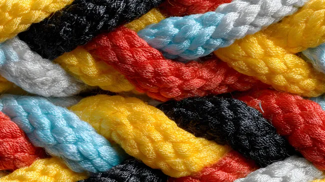Bunte, geflochtene Nylonseile in Nahaufnahme