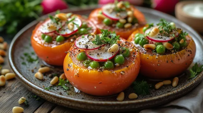 Bunte gefüllte Tomaten mit Gemüsefüllung
