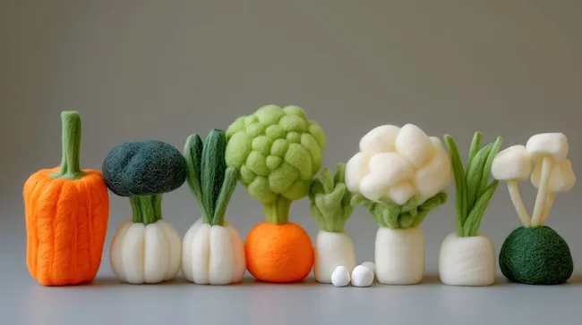 Bunte Gemüse-Filzskulpturen in verschiedenen Formen