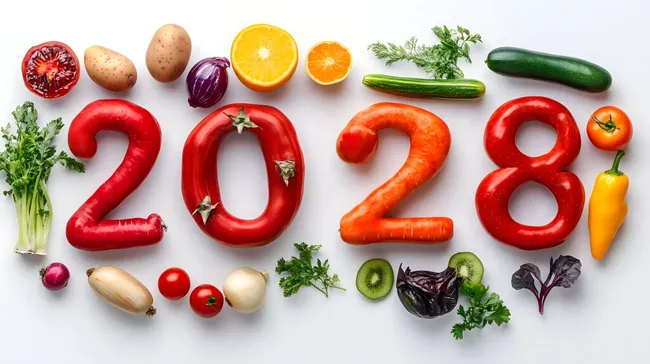 Bunte Gemüse-Komposition mit der Jahreszahl 2028